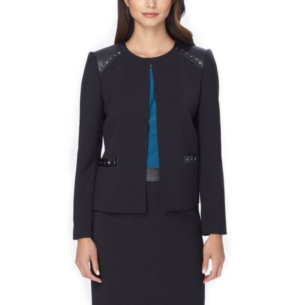Tahari Studded Faux Leather-Trim Ponte Knit Jacke